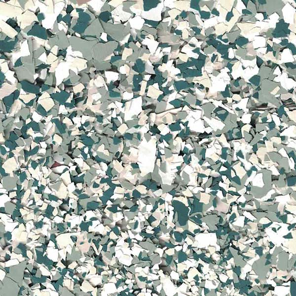 The image displays an abstract, textured pattern of various shades of teal, white, and grey, resembling a clutter of fragmented and crushed pieces.