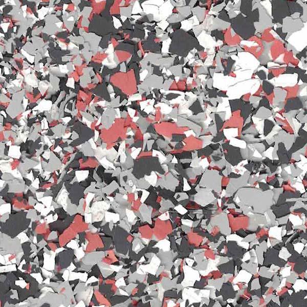 The image shows an abstract pattern of red, white, and gray fragments scattered in a seemingly random, dense, and textured mosaic.